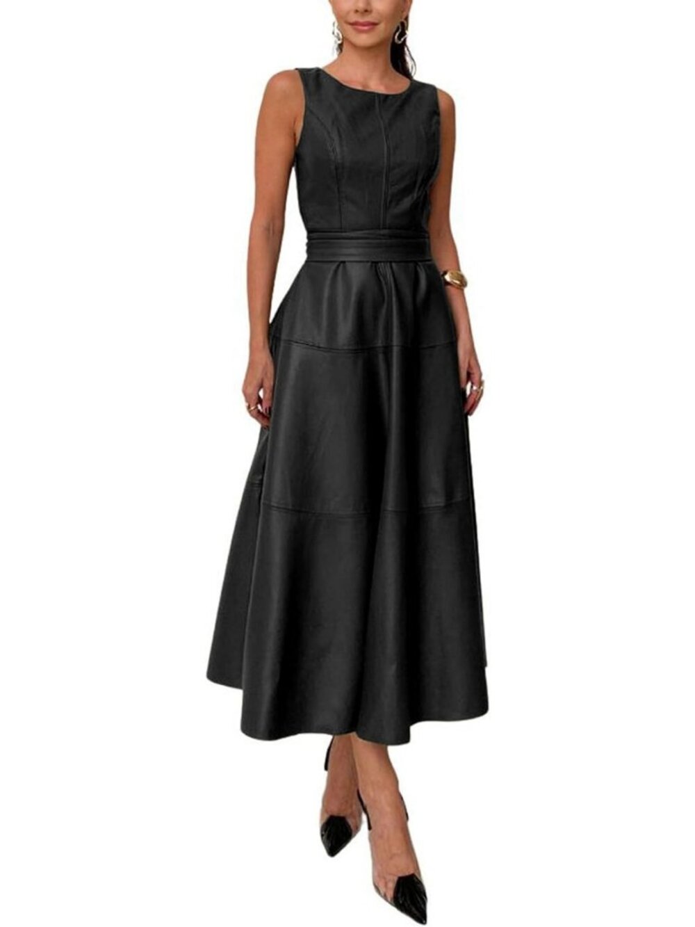 Elegant Sleeveless PU Faux Leather Long Dress with Belt for Party Night Out